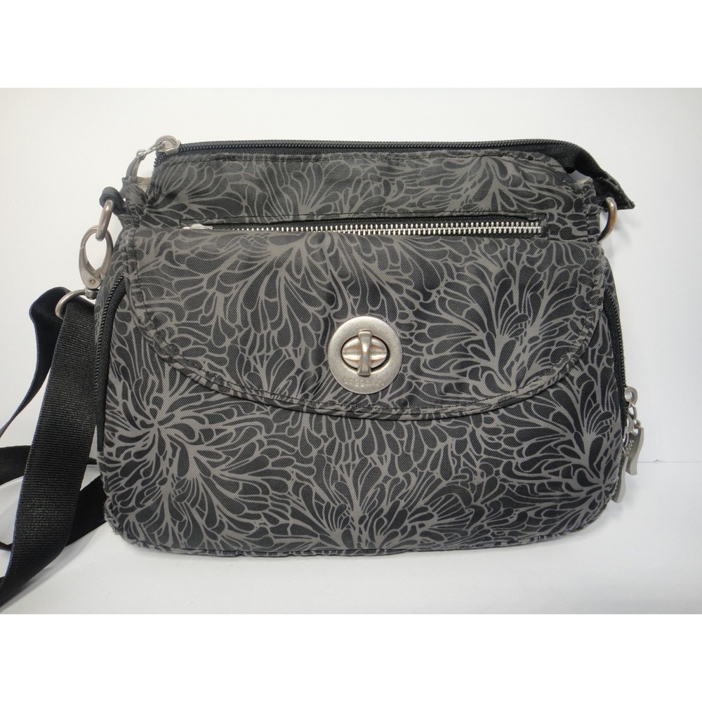 Baggallini Calais Crossbody Bag Midnight Blossom Gray Floral Nylon RFID Turnlock